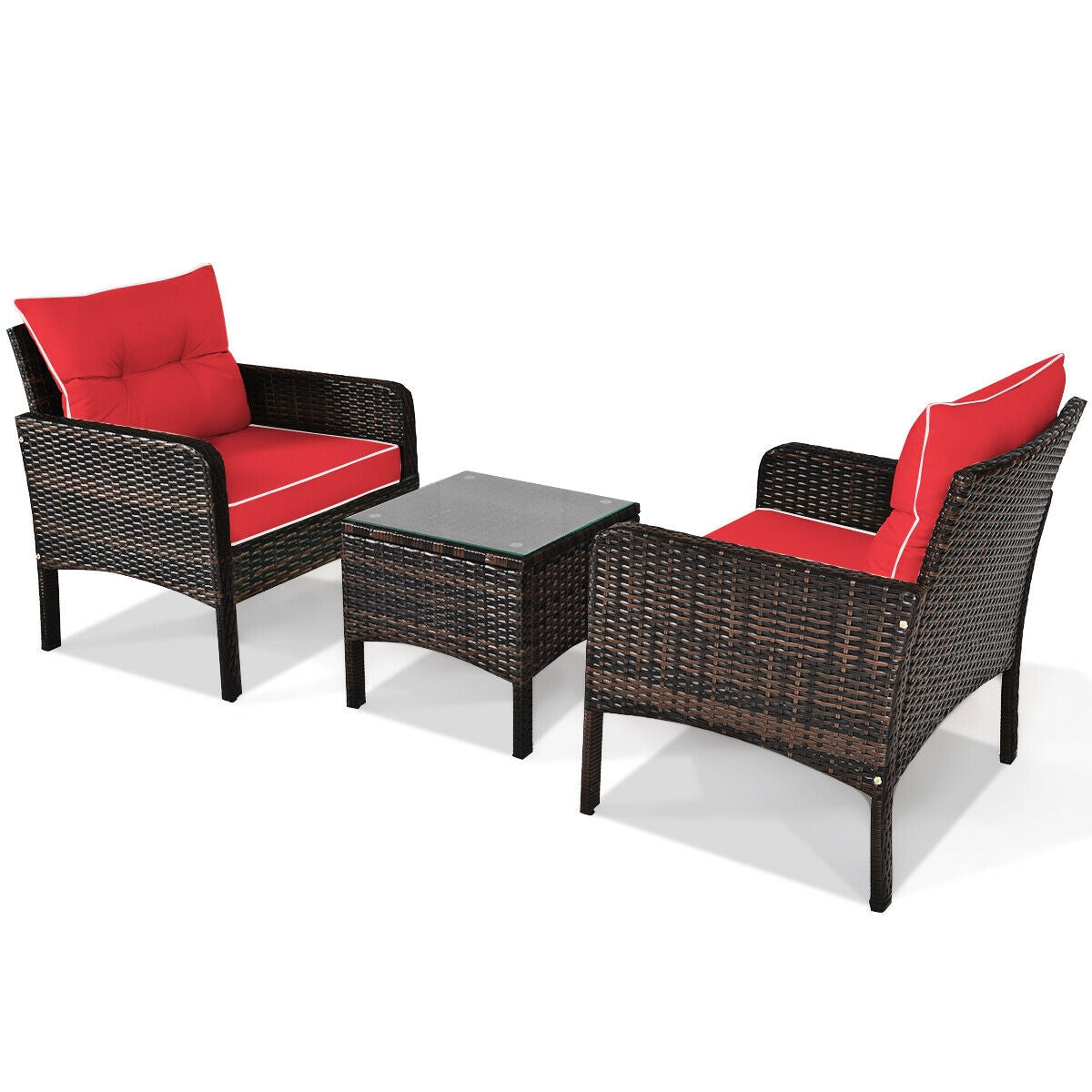 3 Pieces Outdoor Patio Rattan Conversation Set with Seat Cushions