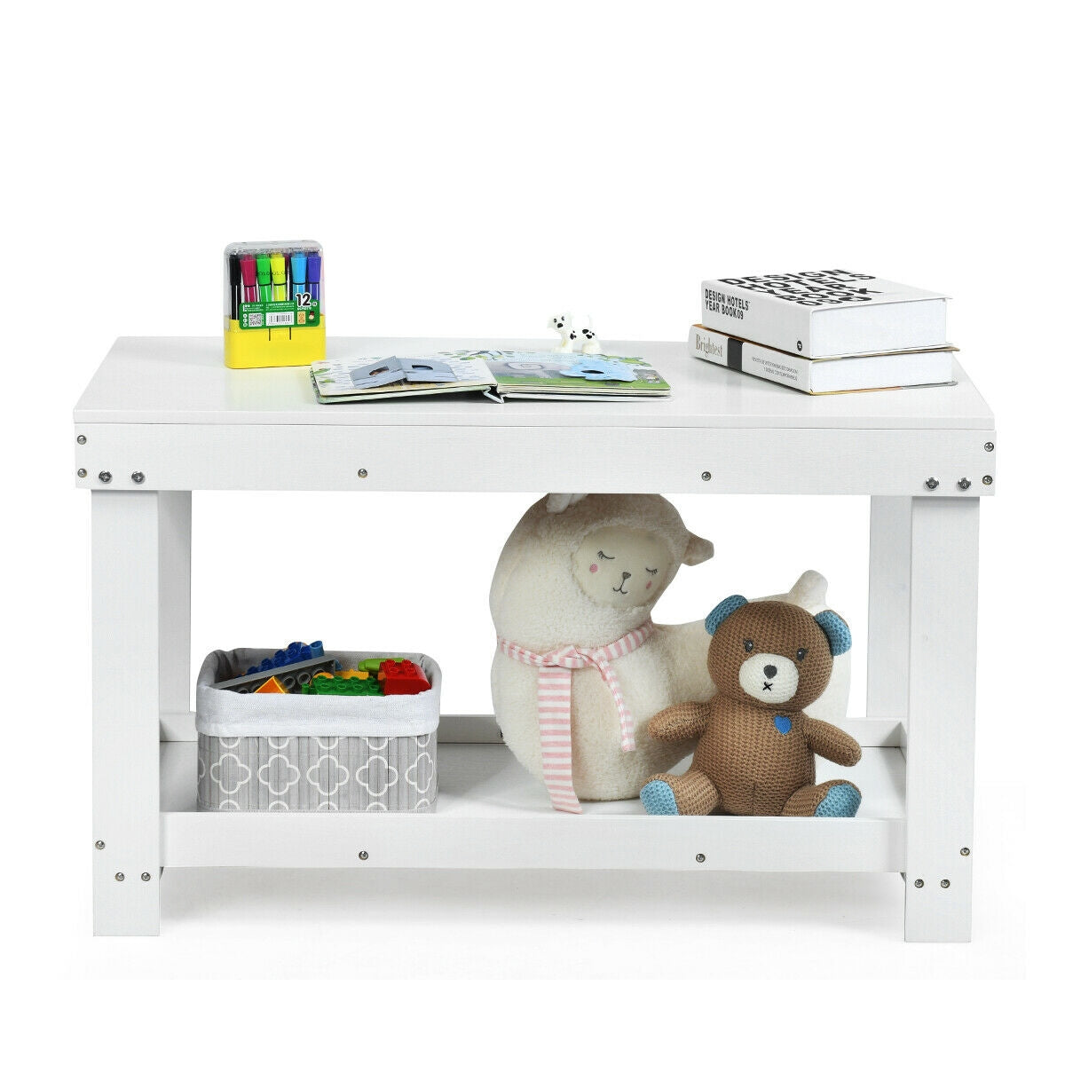 Kids Building Brick Play Table - White, Multifunctional Wooden Activity Table for Children