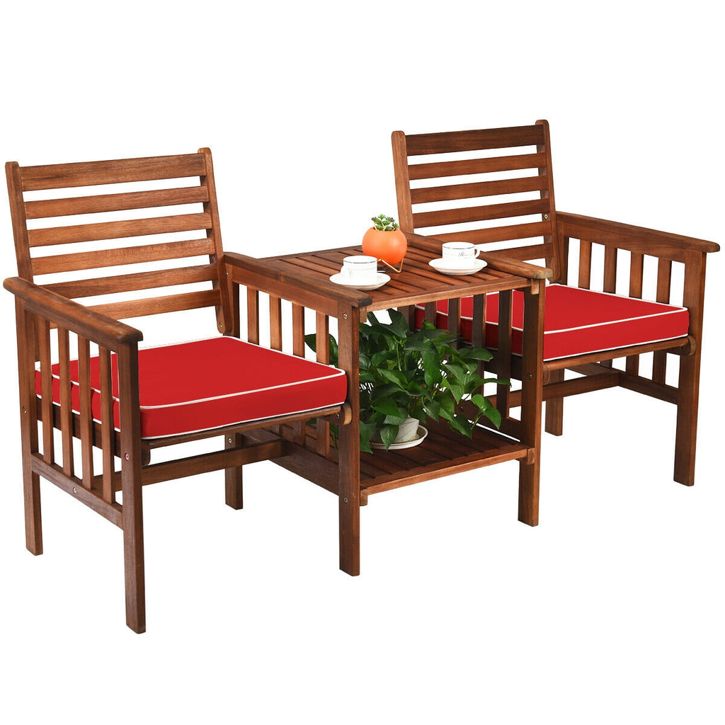 3-Piece Outdoor Loveseat Set with Coffee Table - Acacia Wood, Red