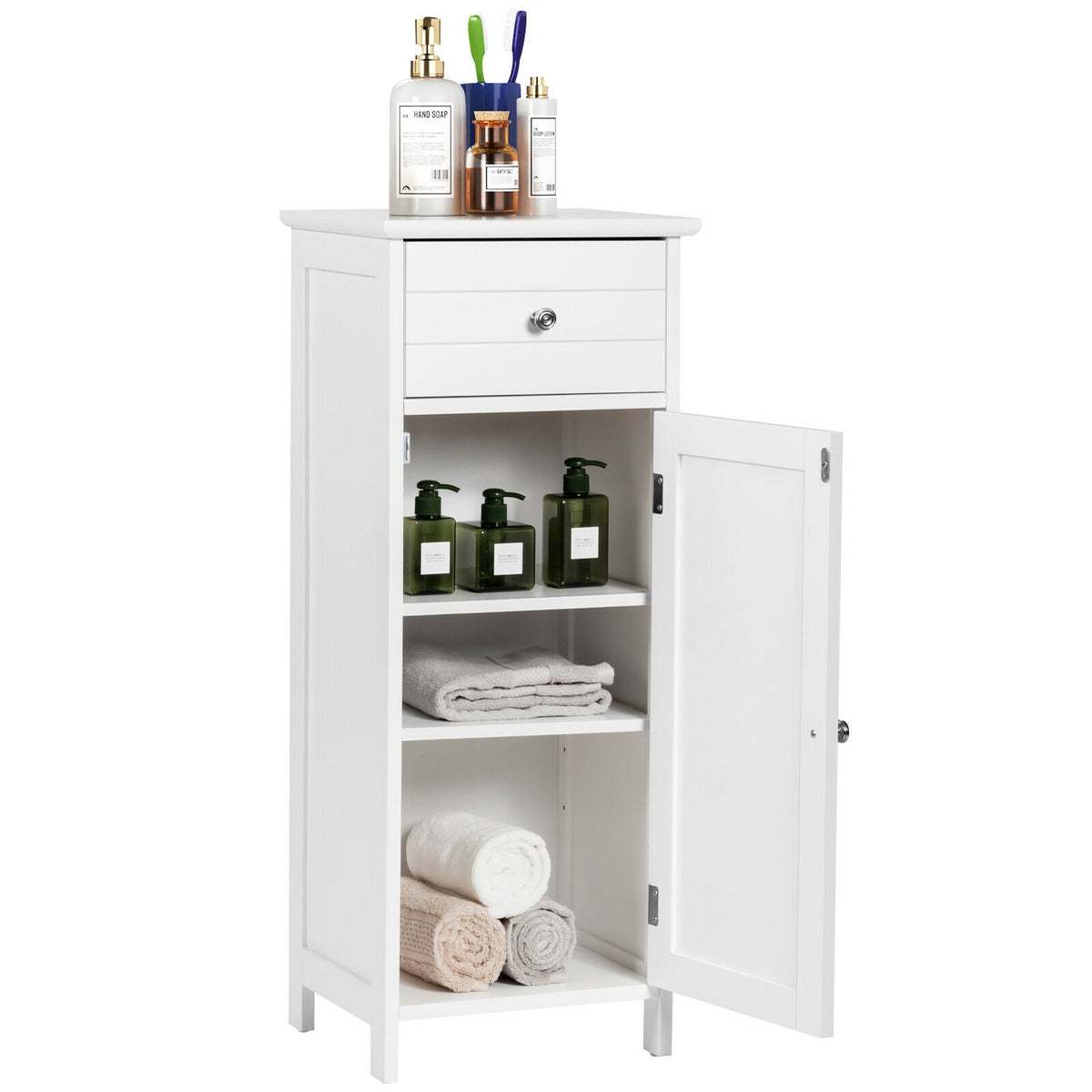 Wooden Bathroom Floor Storage Cabinet with Drawer and Adjustable Shelf