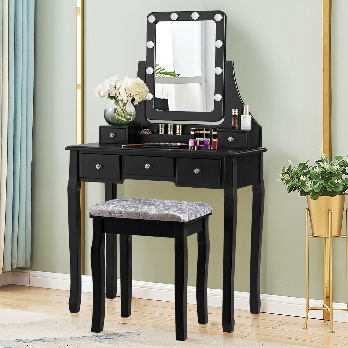 Dressing Table with 10 Dimmable Bulbs and Cushioned Stool - Black
