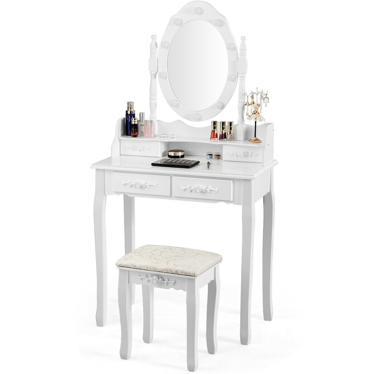 Makeup Vanity Dressing Table with Dimmable Bulbs & Stool - Round, White
