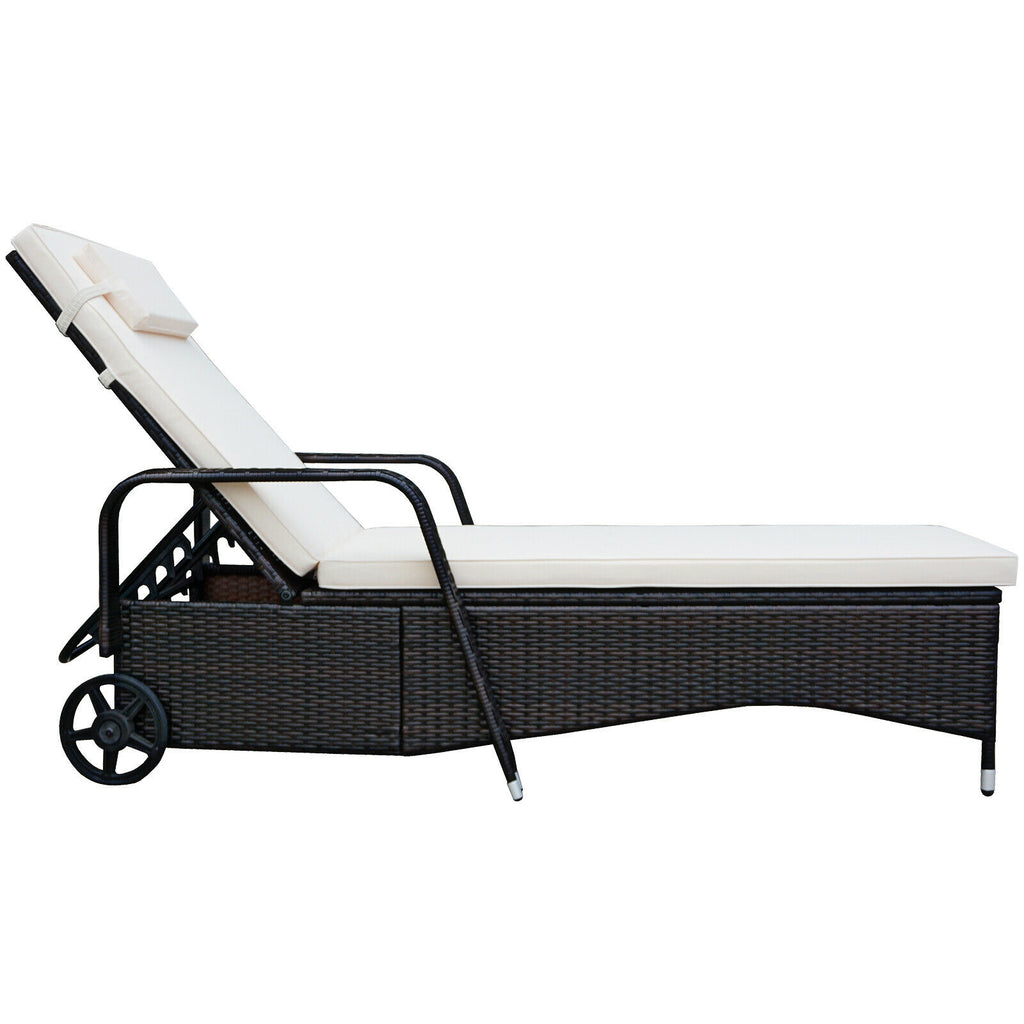 Patio Wicker Chaise Lounge Chair with Wheels - White