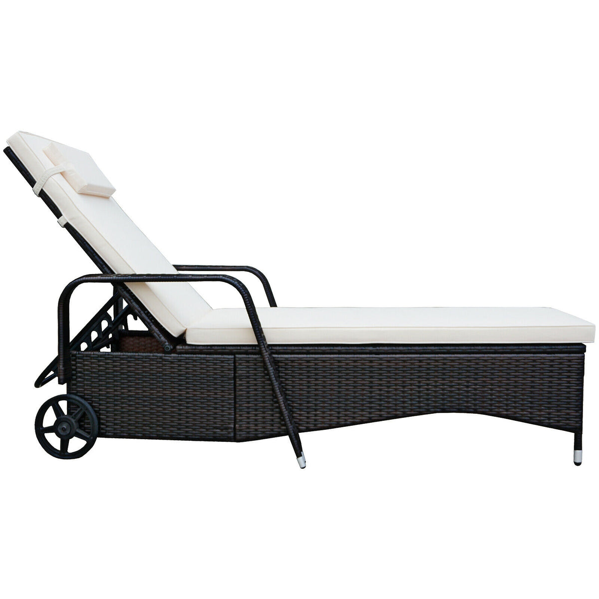 Patio Wicker Chaise Lounge Chair with Wheels - White