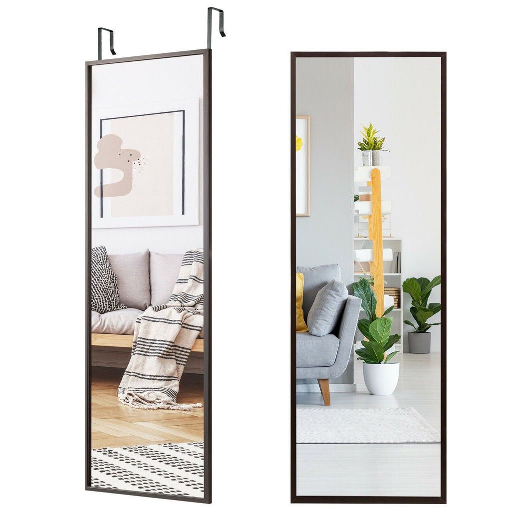 Full Length Metal Door Mirror with Adjustable Hooks - Brown, 42.5x14 Inch