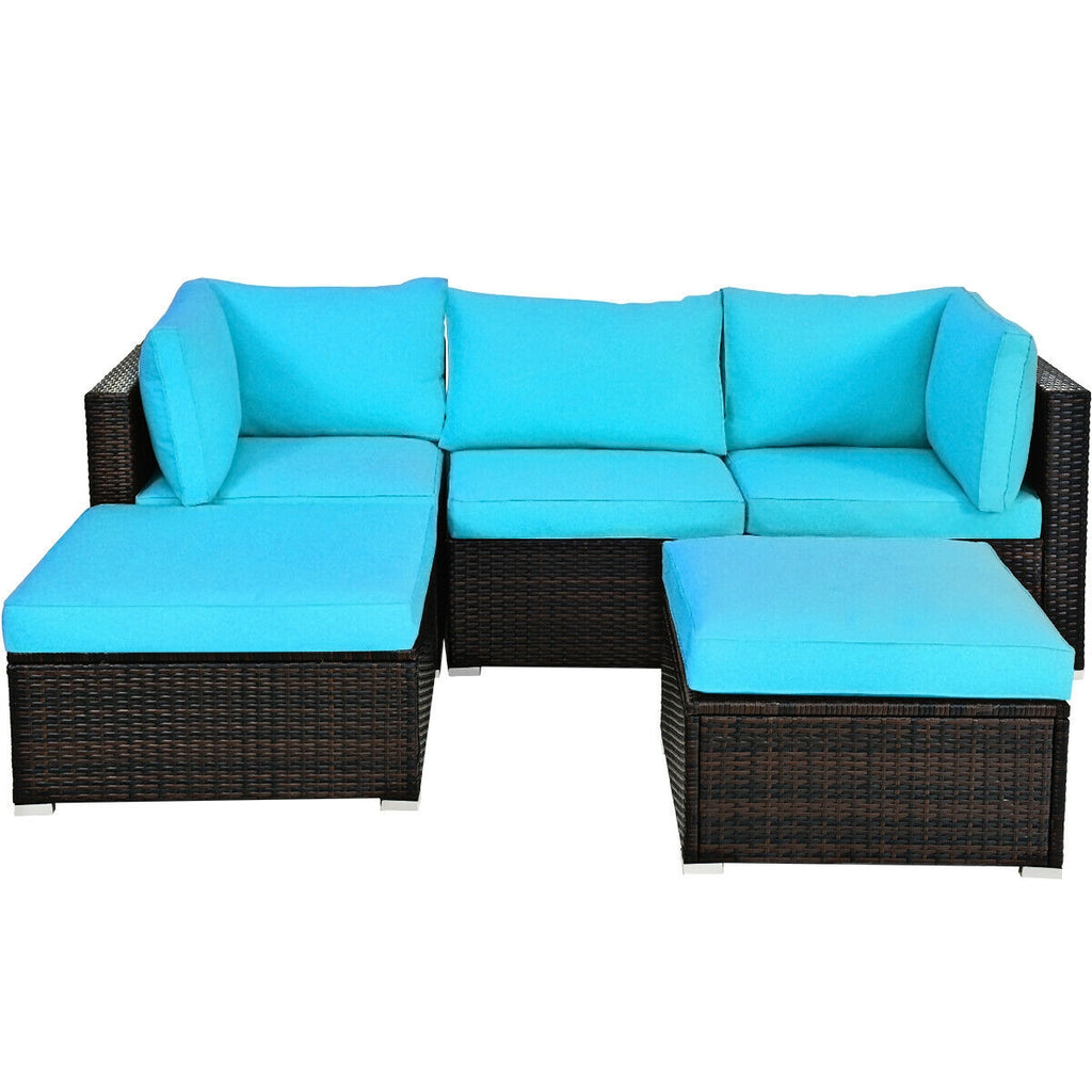 5-Piece Patio Sectional Sofa Set with Ottoman & Cushions - Blue