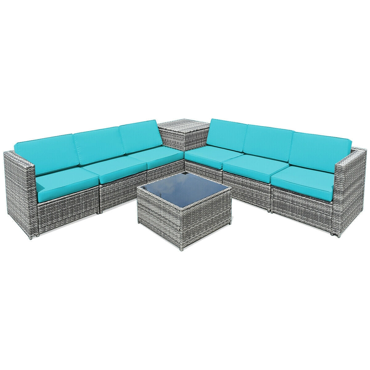 8-Piece Rattan Sofa Set with Storage Table - Gray & Turquoise