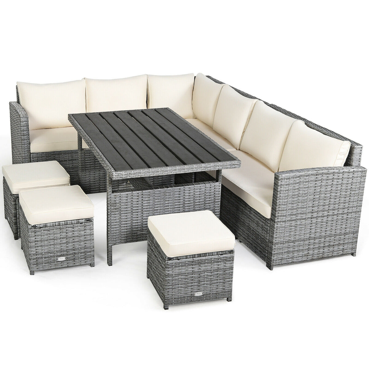 7-Piece Outdoor Wicker Sectional Sofa Set with Dining Table - Beige