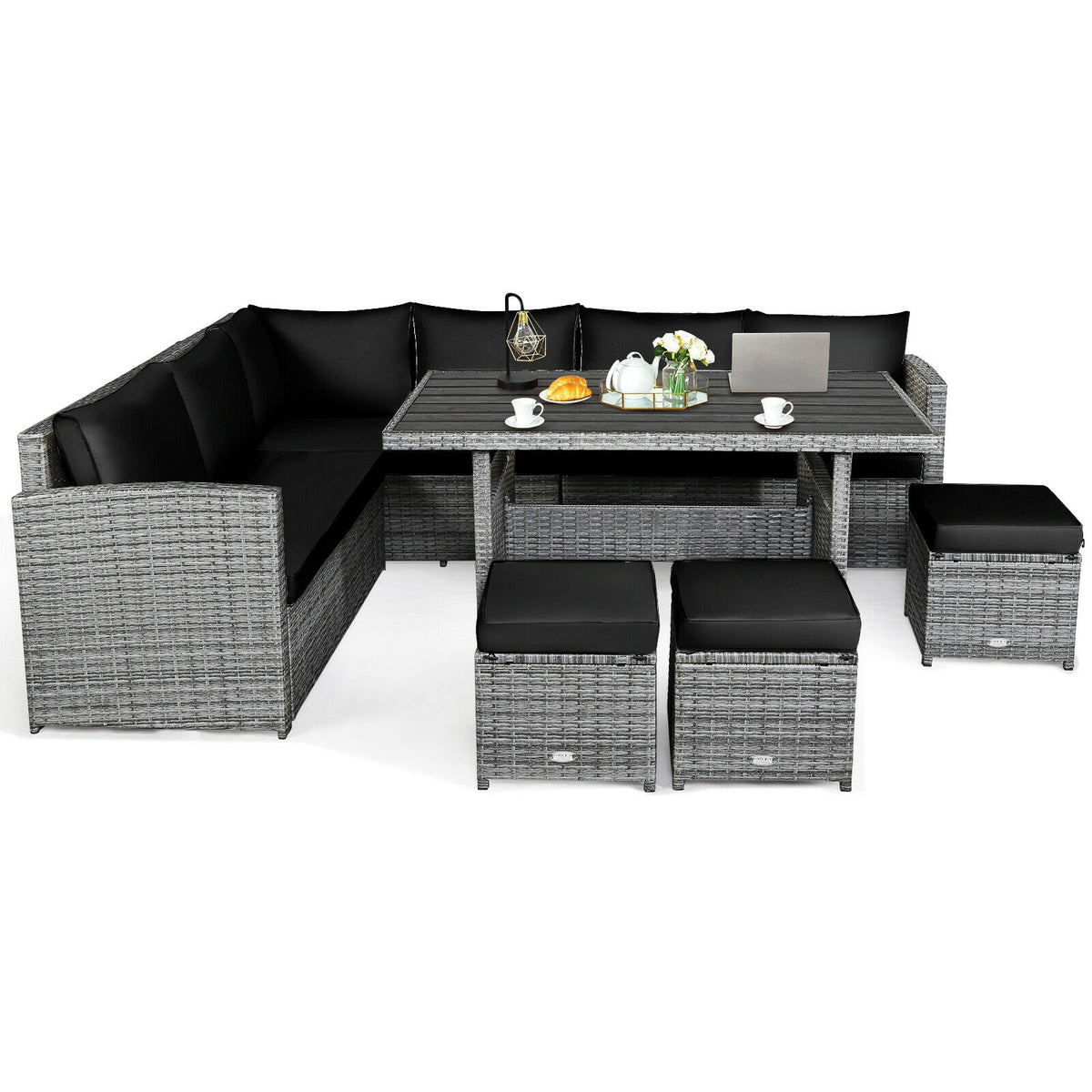 7-Piece Outdoor Wicker Sectional Sofa Set with Dining Table - Black