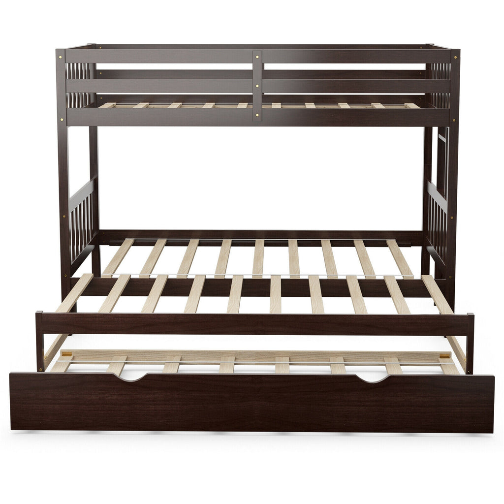 Twin Bunk Bed with Trundle & Wooden Ladder - Dark Brown