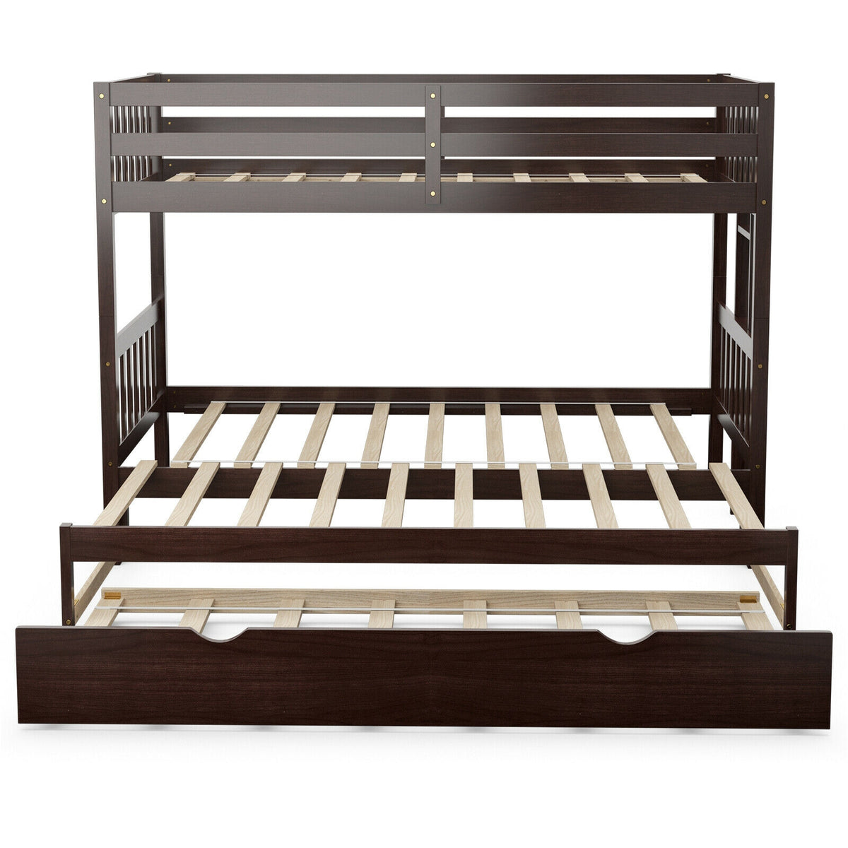 Twin Bunk Bed with Trundle & Wooden Ladder - Dark Brown