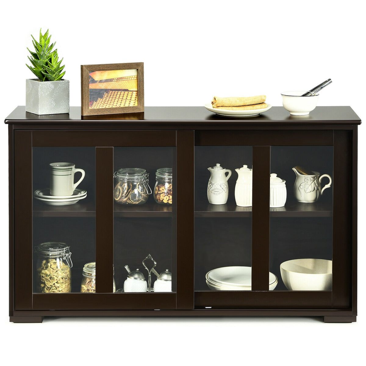 Sideboard Buffet Storage Cabinet Sliding Glass Door - Brown