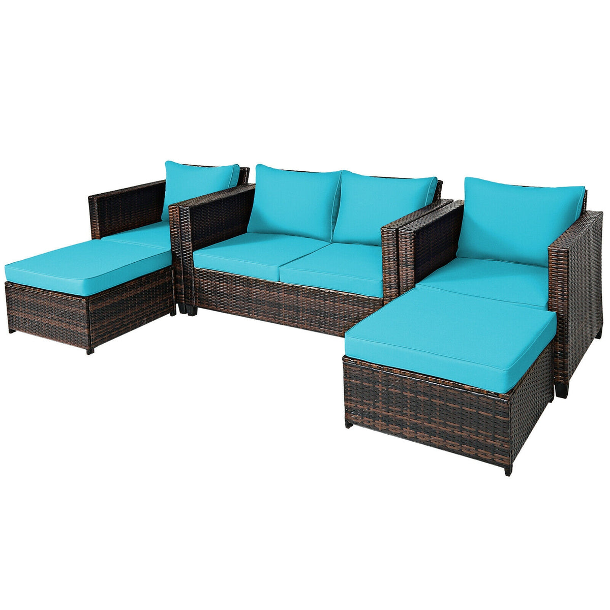 5-Piece Patio Rattan Furniture Set with Cushions - Turquoise