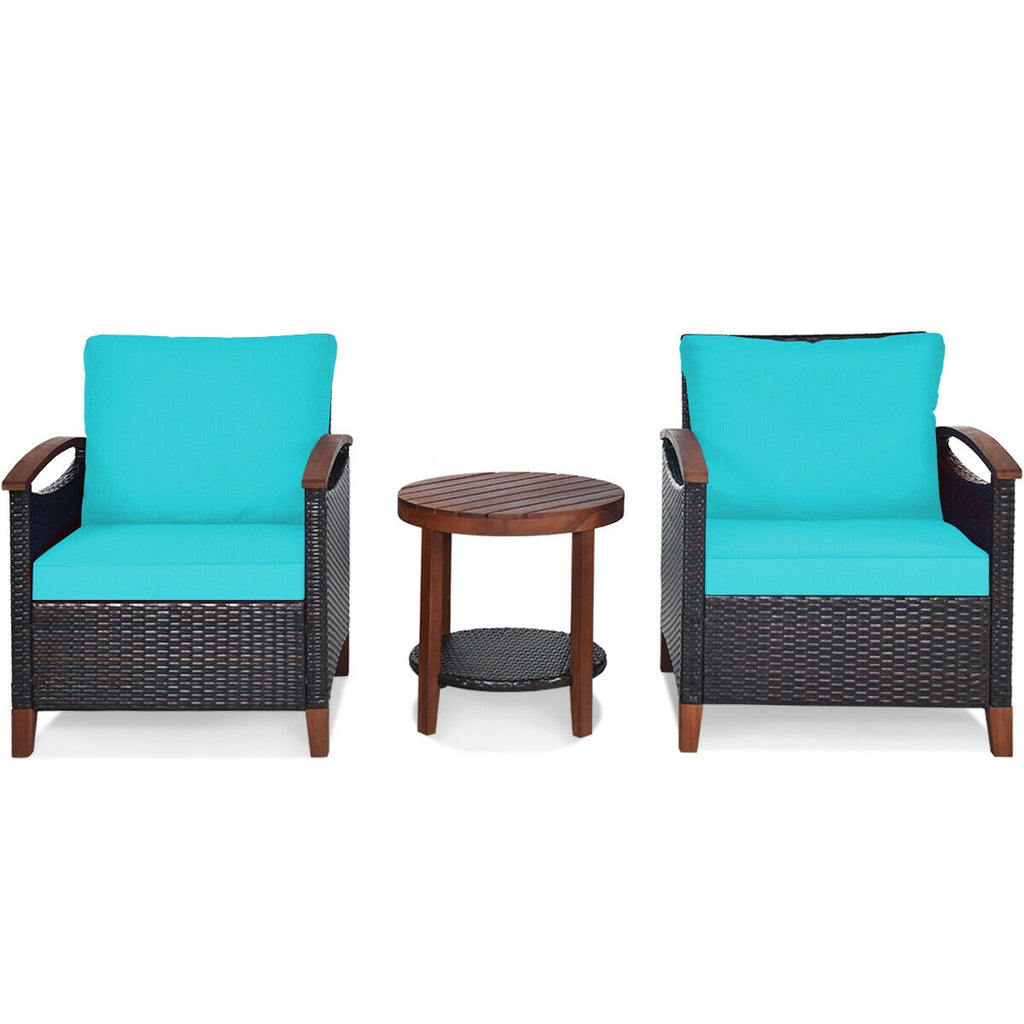 3 Pieces Patio Wicker Furniture Set with Washable Cushion and Acacia