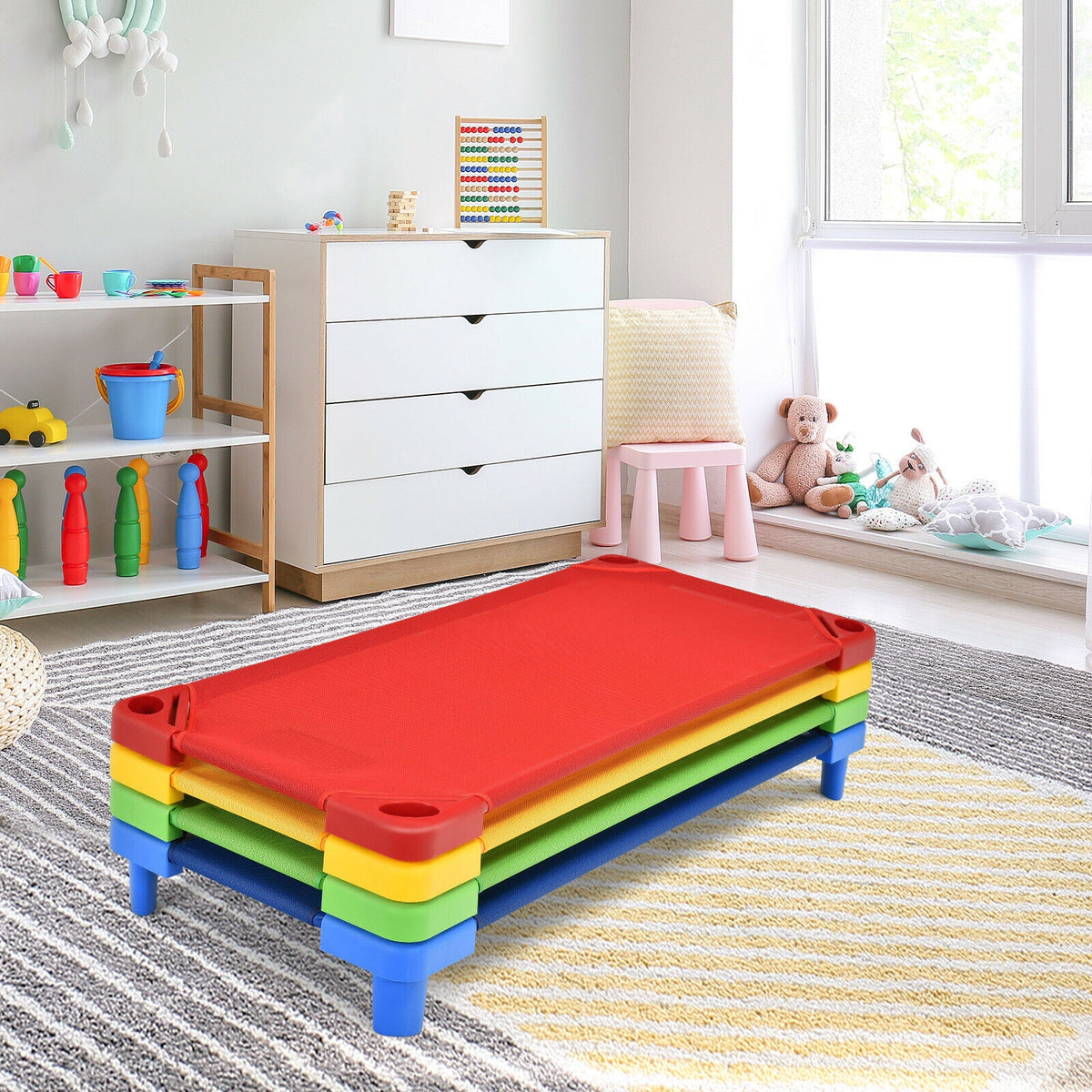 Kids Stackable Naptime Cot Set of 4 - 51 Inches, Colorful, Space-Saving Bed Frames