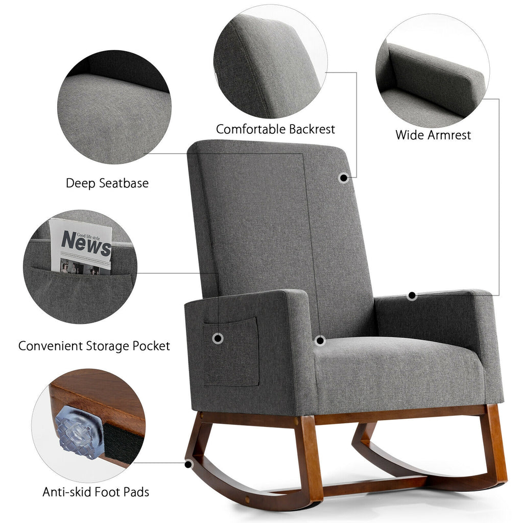 Rocking High Back Upholstered Armchair with Side Pocket - Gray