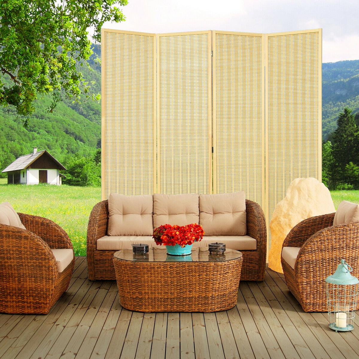 Natural 6 ft 4-Panel Portable Folding Room Divider Screen - Space Saver Privacy