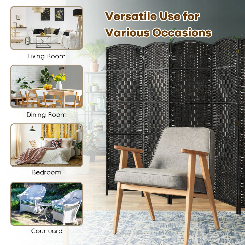 Foldable Fiber Room Divider Screen - 8-Panel Weave Fiber Privacy Divider - Black, 6 Feet