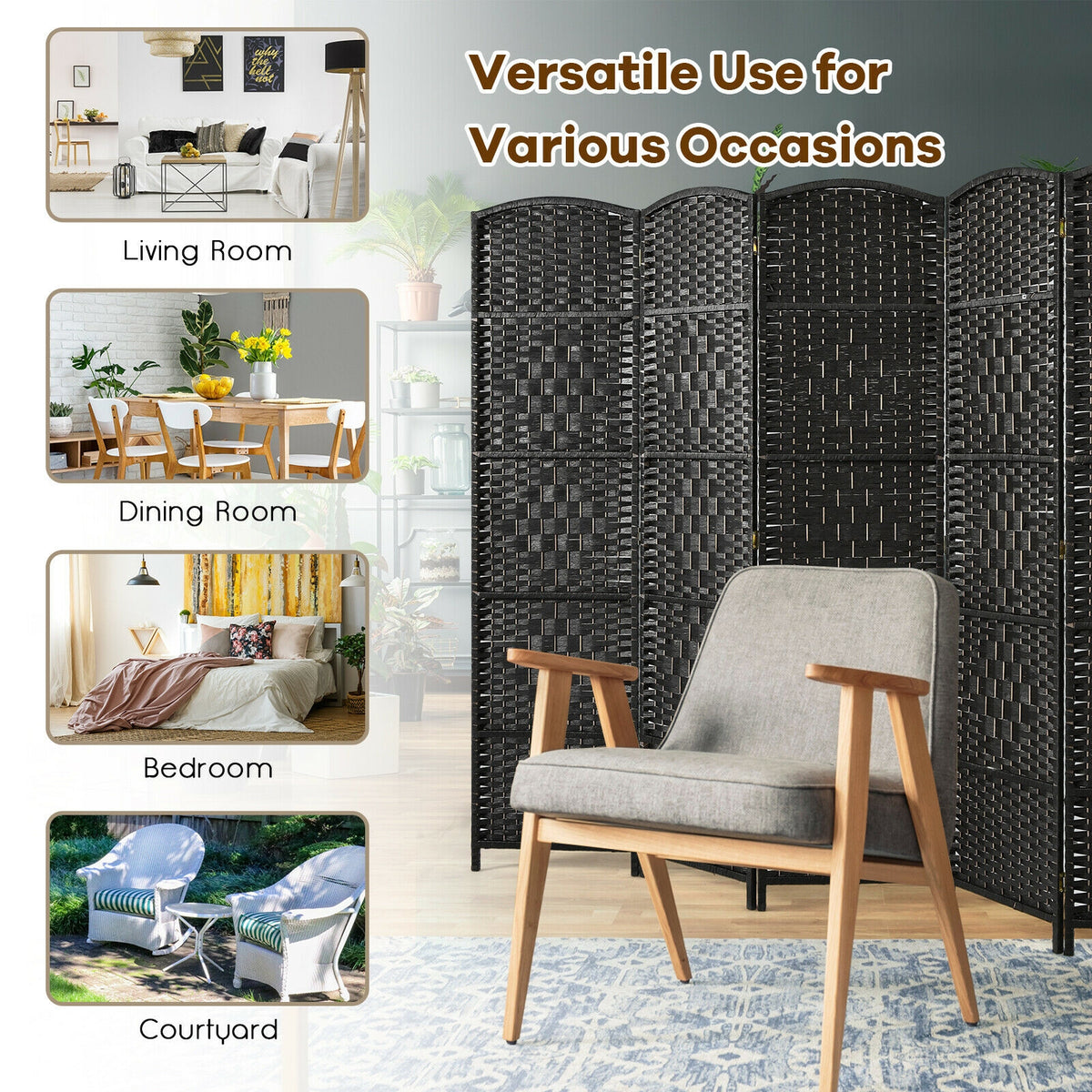 Foldable Fiber Room Divider Screen - 8-Panel Weave Fiber Privacy Divider - Black, 6 Feet