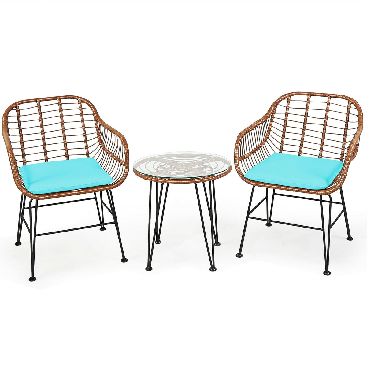 3 Pieces Patio Rattan Bistro Set with Cushion