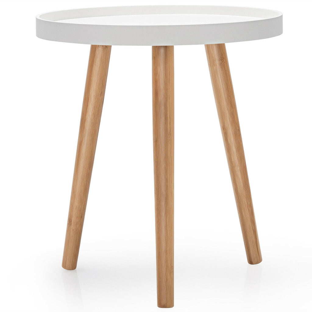 Mid Century Modern Round Coffee Table with Bamboo Feet, White