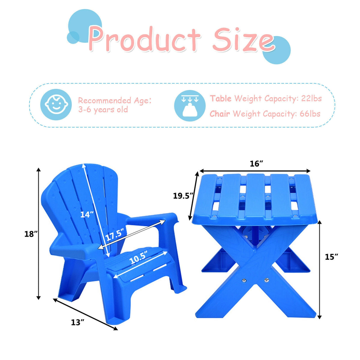 Blue 3-Piece Children's Plastic Play Table and Chair Set