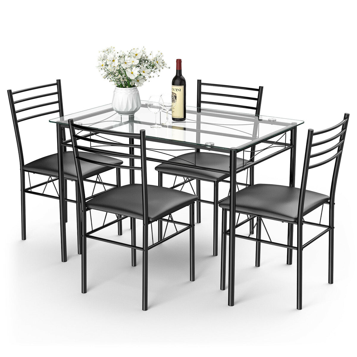 5-Piece Dining Set with Tempered Glass Top Table and 4 Upholstered Chairs