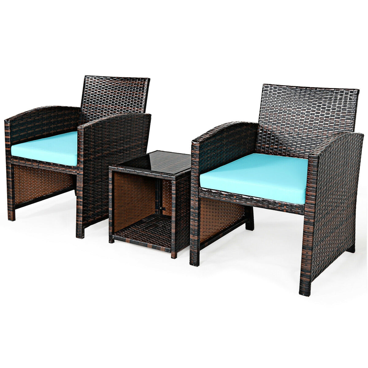 3 Pieces PE Rattan Wicker Furniture Set with Cushion Sofa Coffee