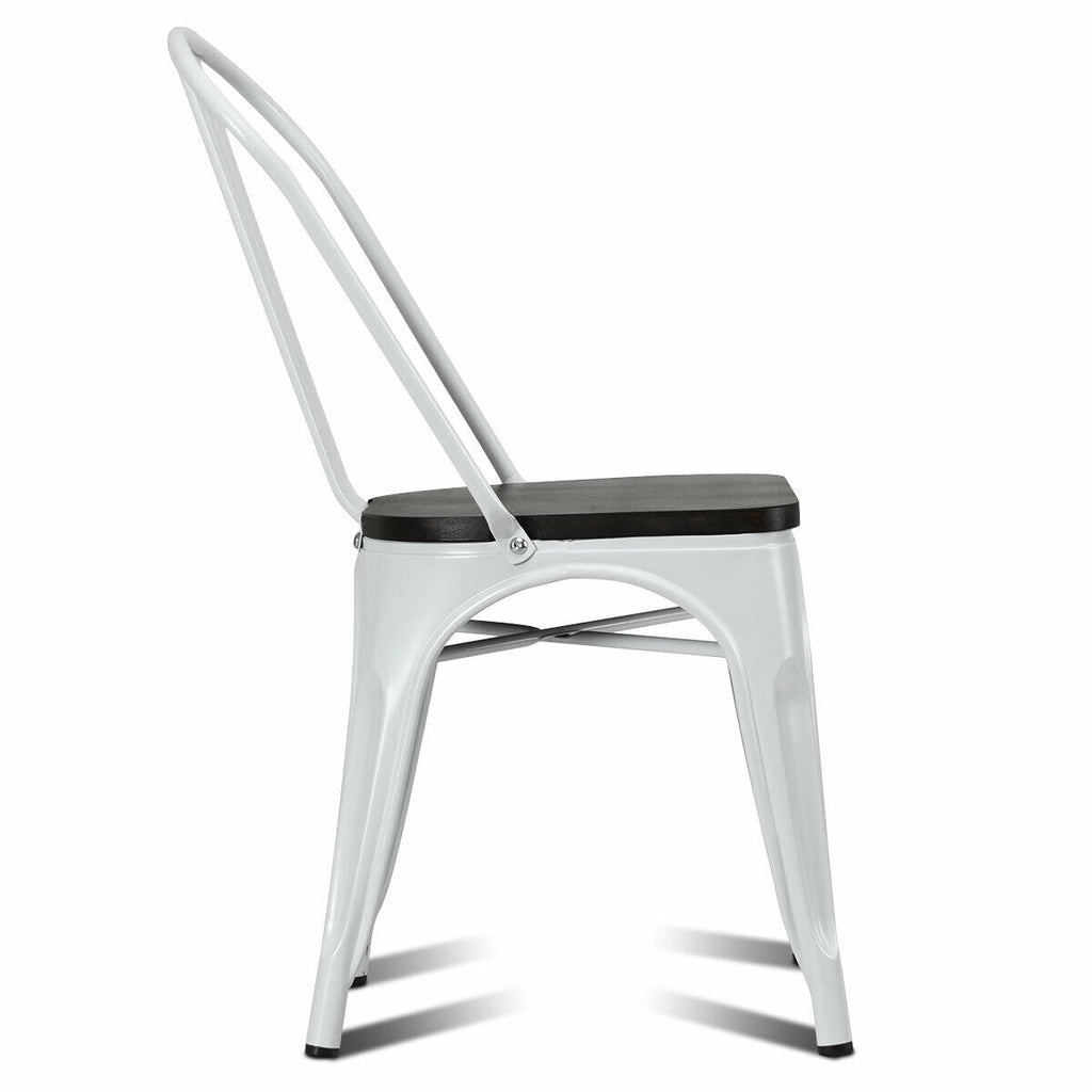 4 Piece Metal Dining Chairs with Wood Seat - White