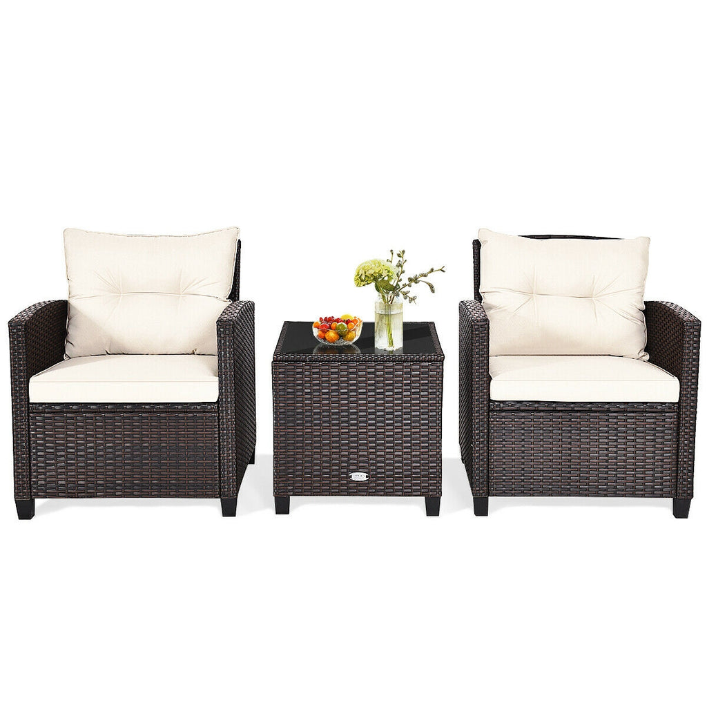 3-Piece Rattan Patio Furniture Set with Cushions - Brown & White