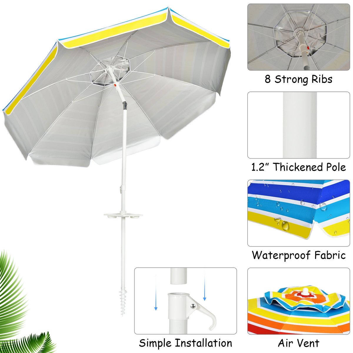 7.2 FT Beach Umbrella with Sand Anchor & Tilt – Multicolor