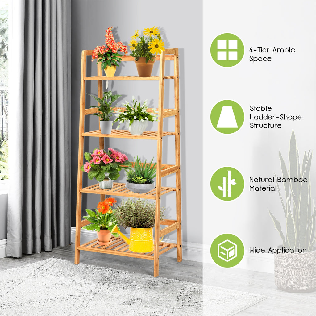 4-Tier Bamboo Plant Rack with Guardrails - Natural