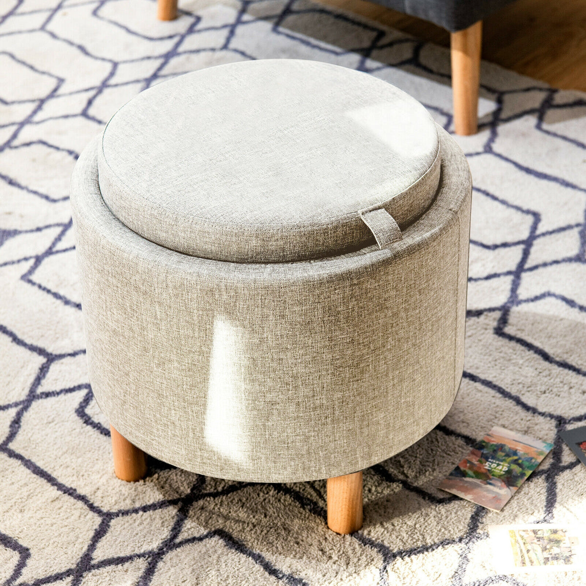 Round Fabric Storage Ottoman with Tray, Gray
