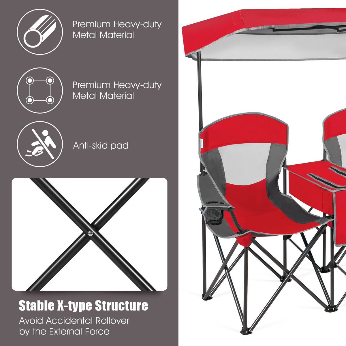 Portable Folding Camping Chair with Canopy & Cup Holder - Red