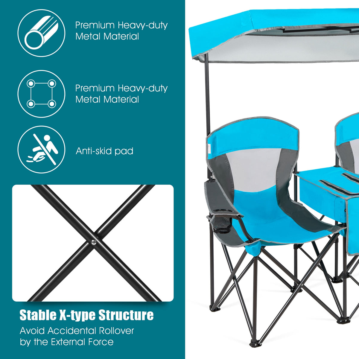 Folding Camping Chair with Canopy and Cup Holder - Blue