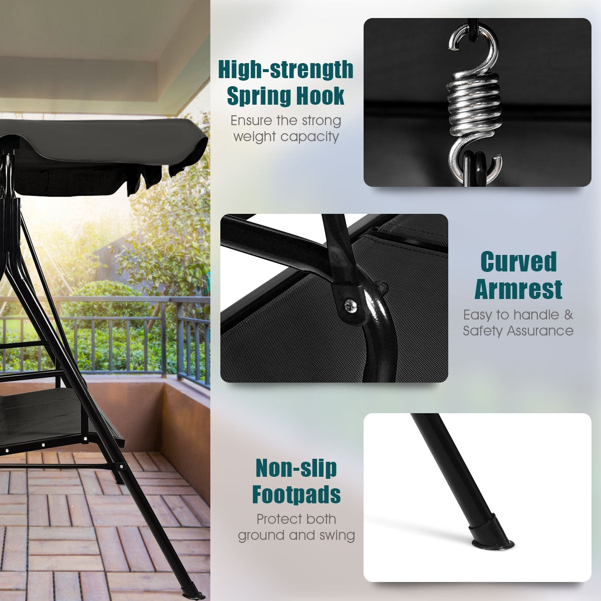 3-Person Patio Swing with Canopy – 50" x 16" Black