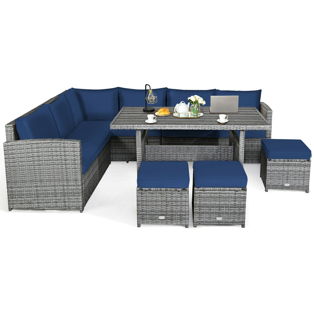7-Piece Outdoor Wicker Sectional Sofa Set with Dining Table - Navy