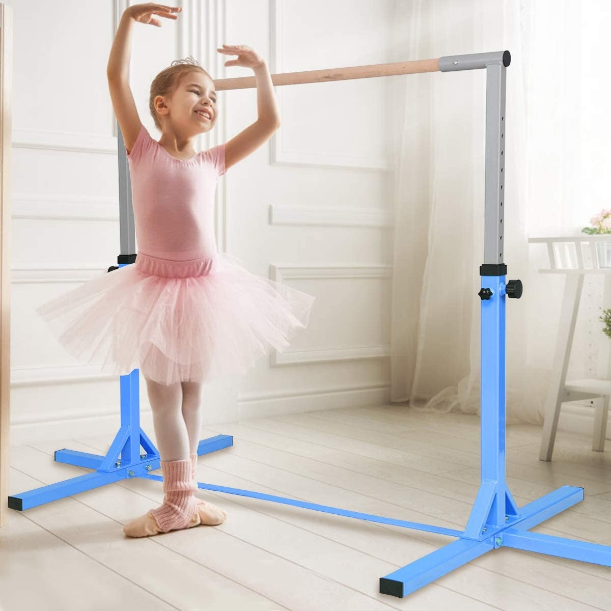 Kids Adjustable Horizontal Gymnastics Bar - Blue, Portable & Safe for Home Training