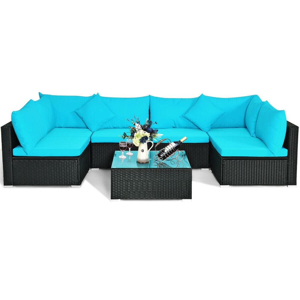 7 Pieces Sectional Wicker Sofa Set with Coffee Table - Black Rattan, Blue