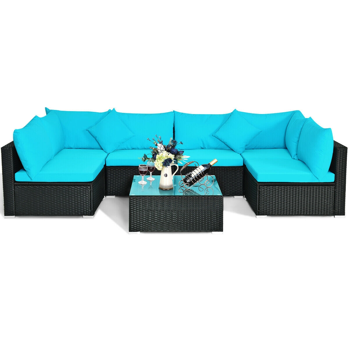 7 Pieces Sectional Wicker Sofa Set with Coffee Table - Black Rattan, Blue