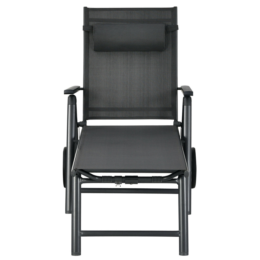 Patio Lounge Chair with Wheels Neck Pillow Aluminum Frame Adjustable