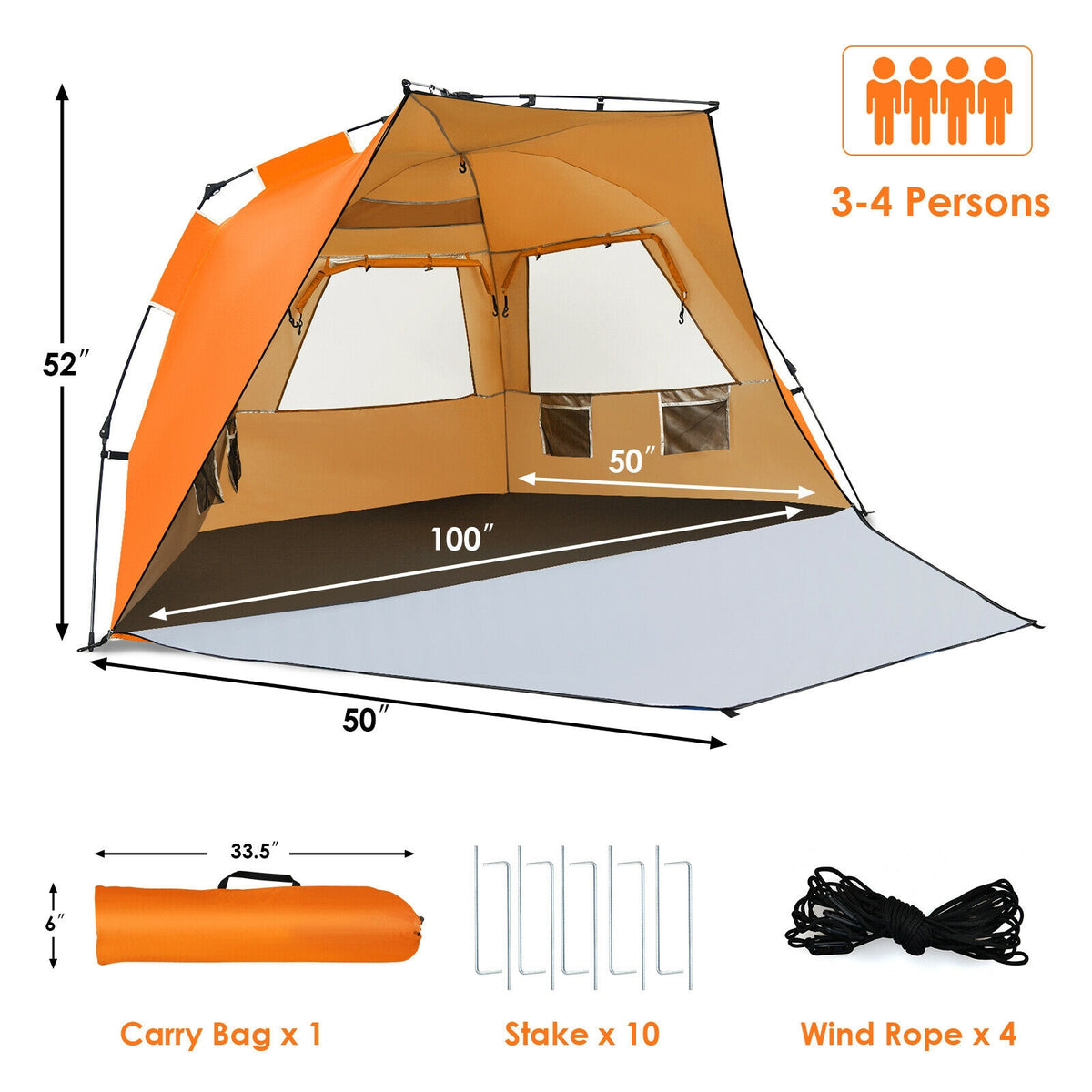 Pop-Up Beach Tent 3-4 Person UPF 50+ Sun Shelter – Orange