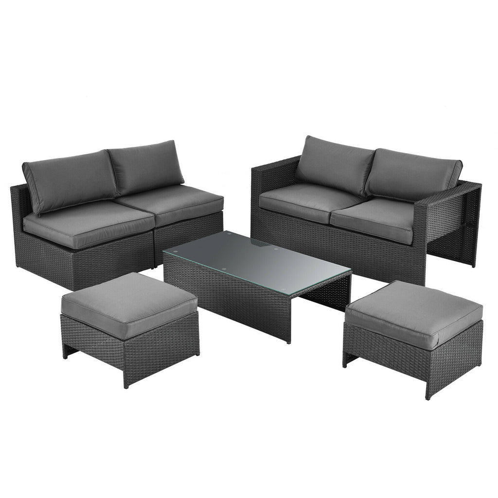 6-Piece Patio Rattan Furniture Set with Glass Table - Gray