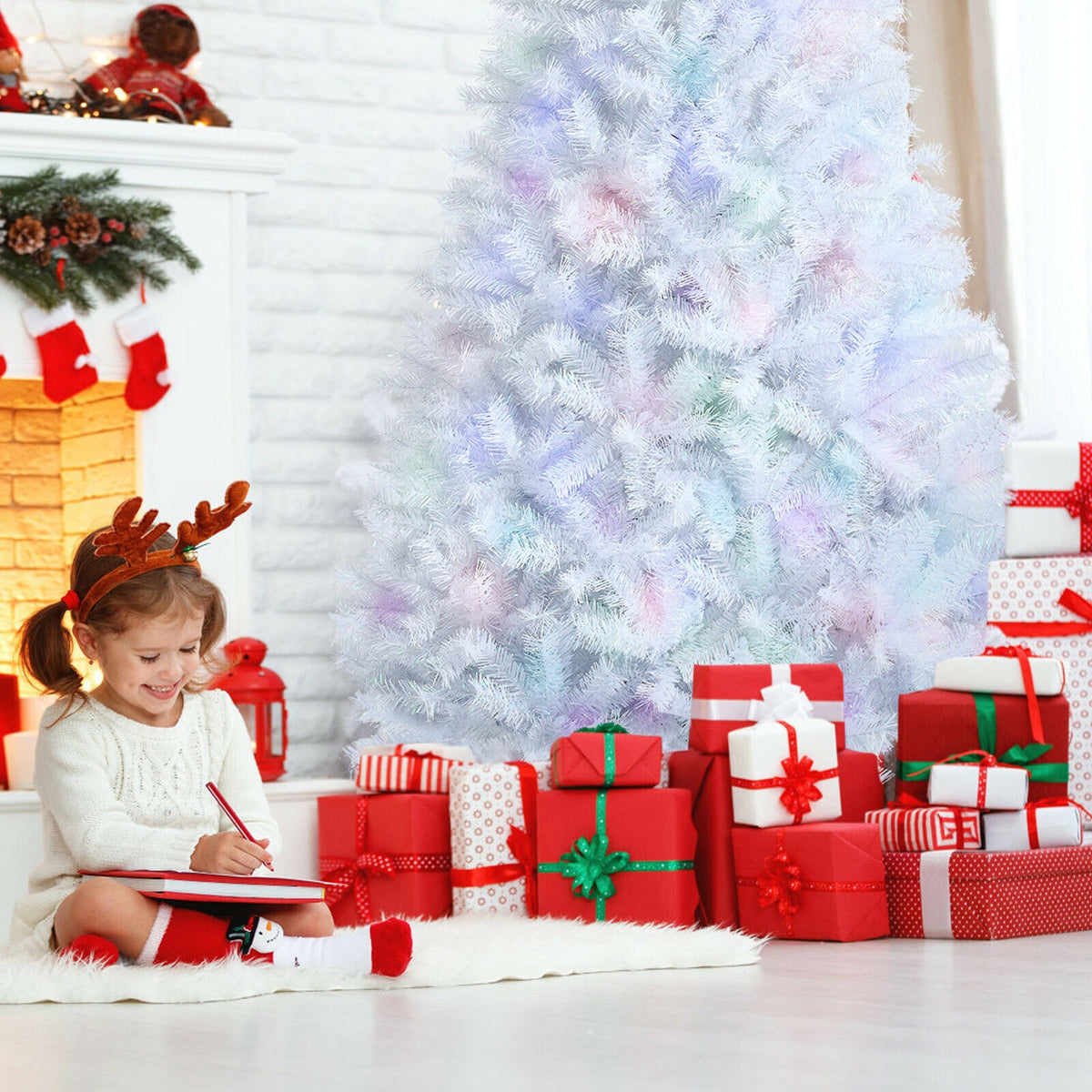 White 6 ft Artificial Christmas Tree with Iridescent Tips & Metal Stand - Foldable & Durable