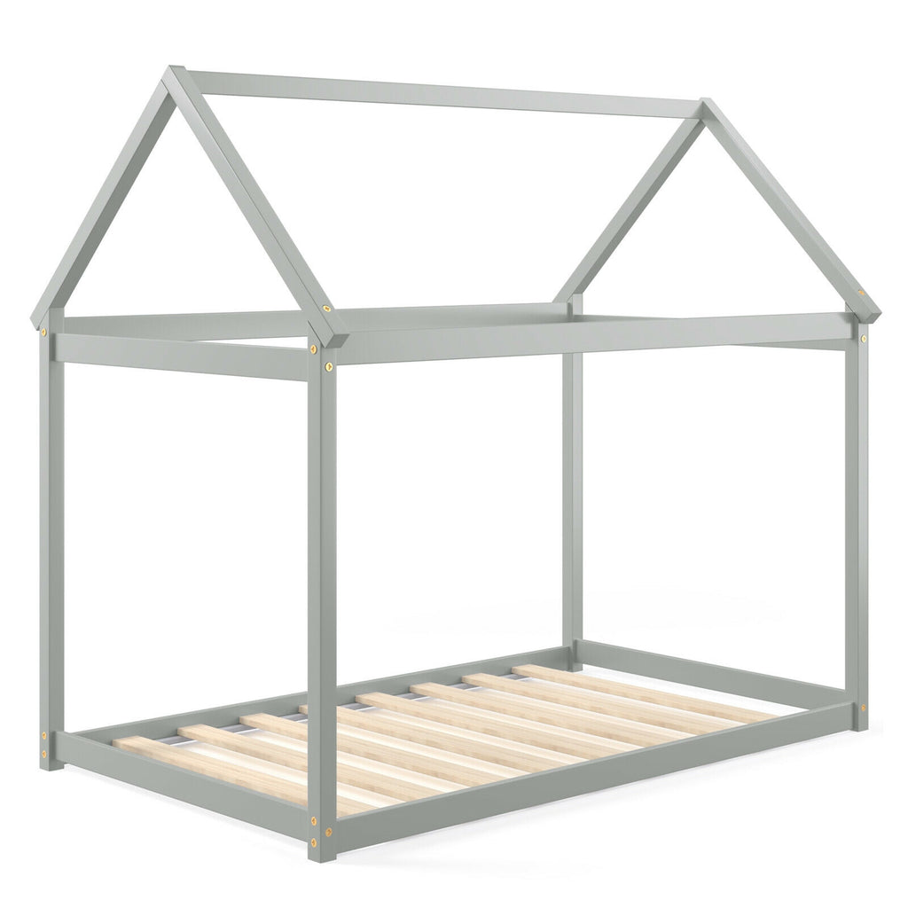 Twin Size Kids House Bed Frame with Roof - Gray