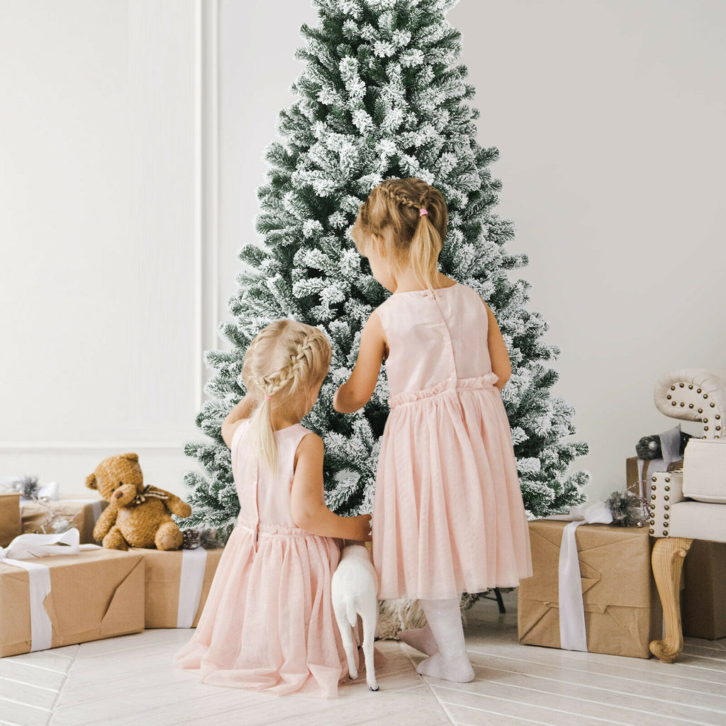 6 Ft Pre-lit Snow Flocked Christmas Tree with Metal Stand - Hinged Design
