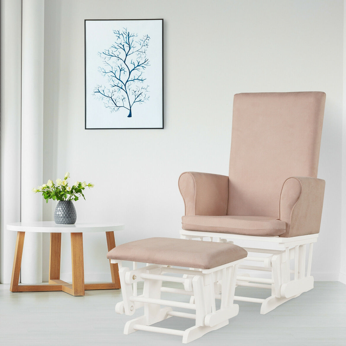 Nursery Glider Rocking Chair with Ottoman Set - Pink Rectangular Backrest