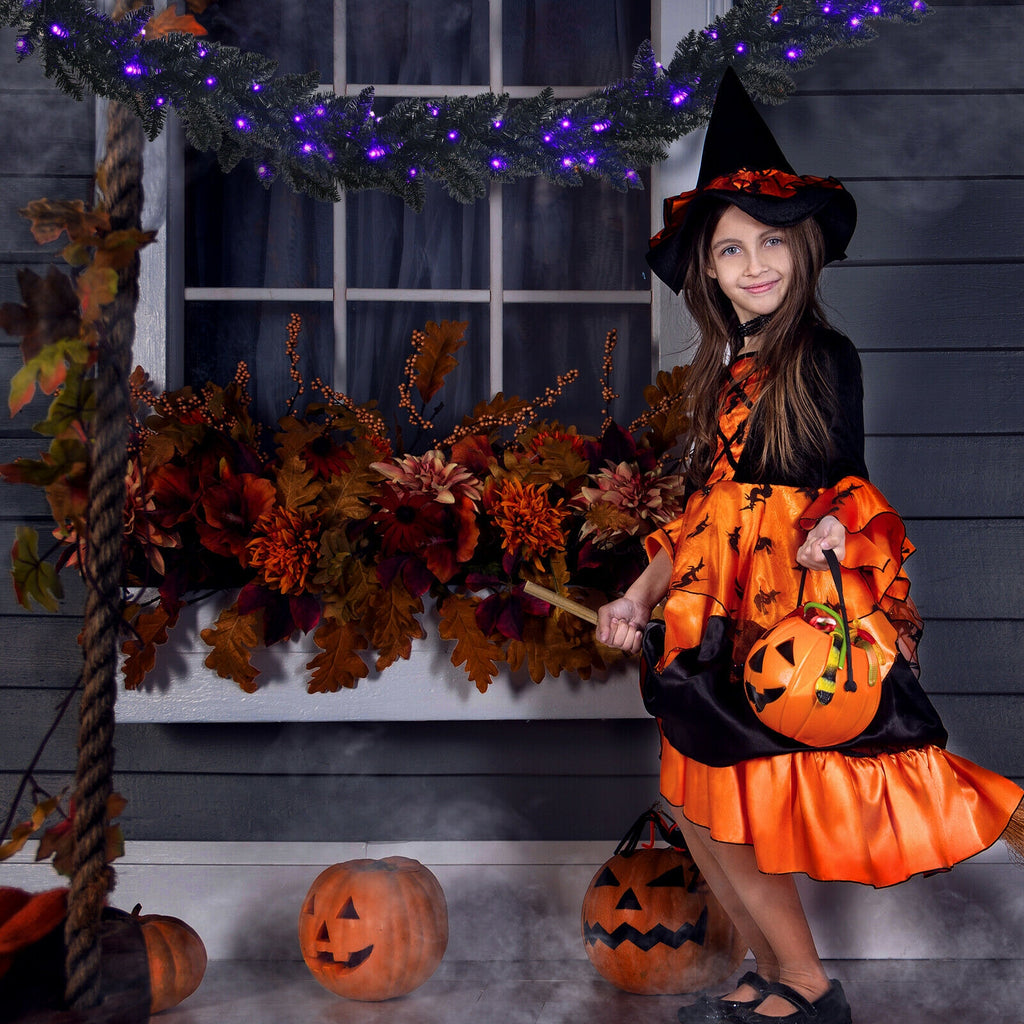 9 Feet Pre-lit Halloween Christmas Garland with Purple LED Lights - Black Theme, Waterproof, Timer, Costway