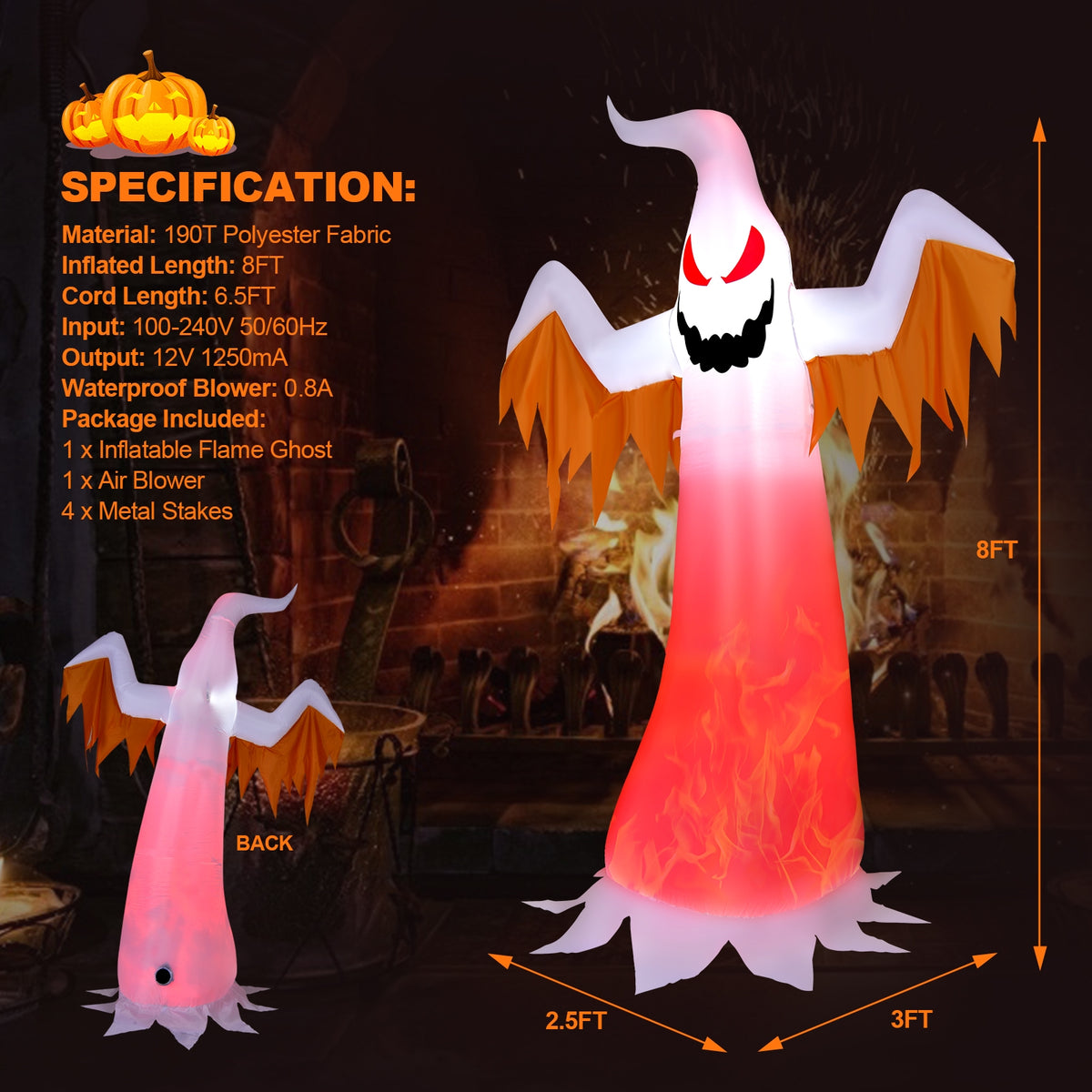8ft Inflatable Ghost with Rotatable Flame LED Lights - Halloween Decor