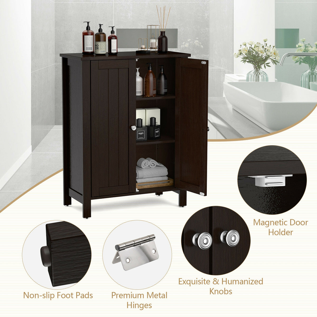 2-Door Bathroom Floor Storage Cabinet Space Saver Organizer